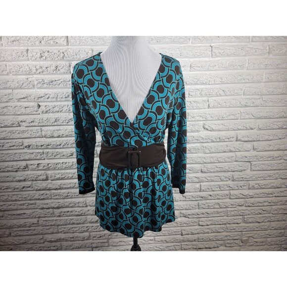 Apt 9 Womens Top Extra Large Blue Geometric Office Casual Sash Buckle GEO107XE - Picture 1 of 10